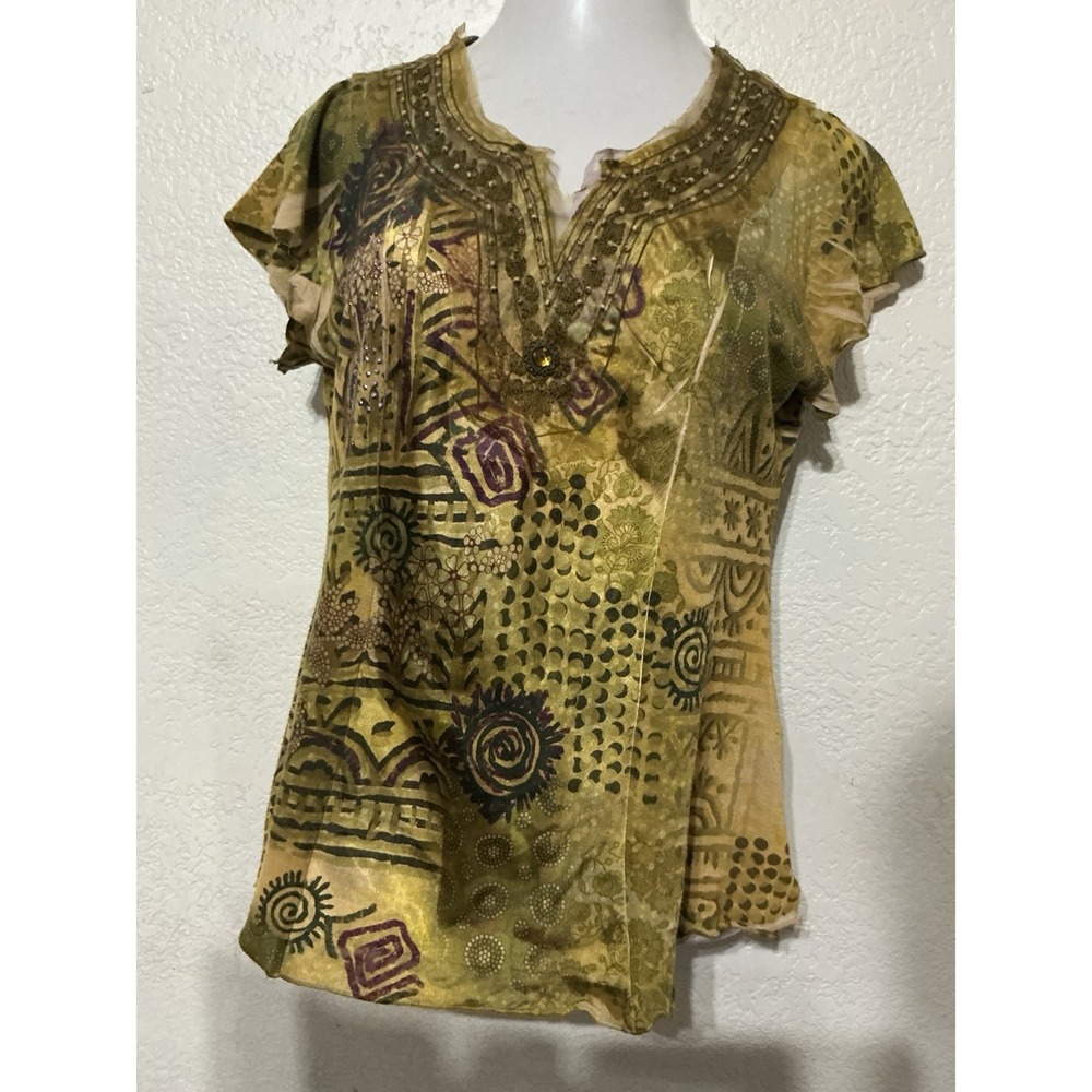 B.L.E.U. Women's Top Size XLP Green Yellow Purple  Embroidered Artsy Boho Y2K